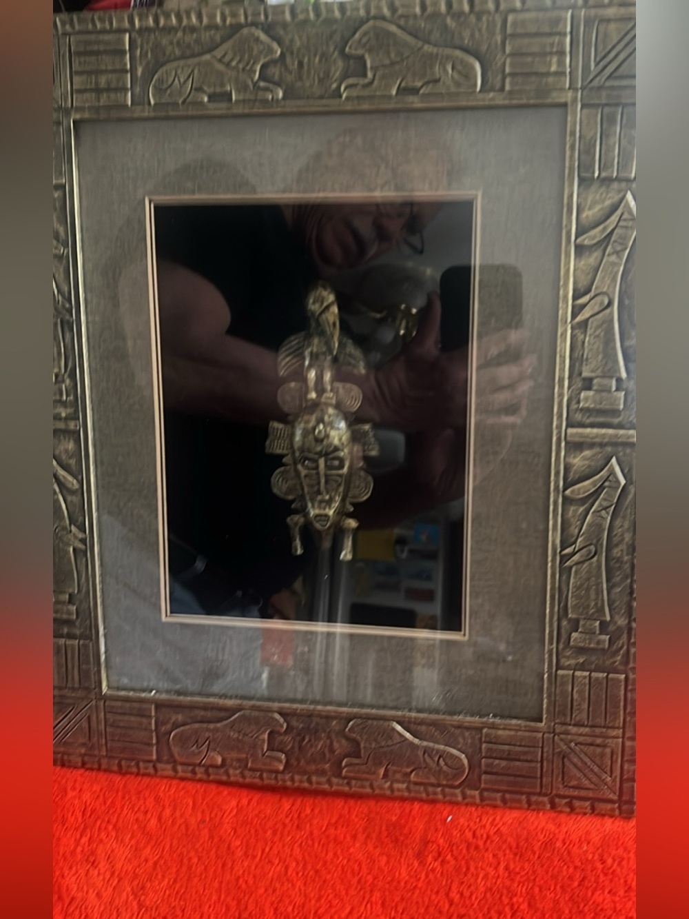 Decorative African-Inspired Brass Mask Wall Art 3D Bronze Frame . Shadow Box